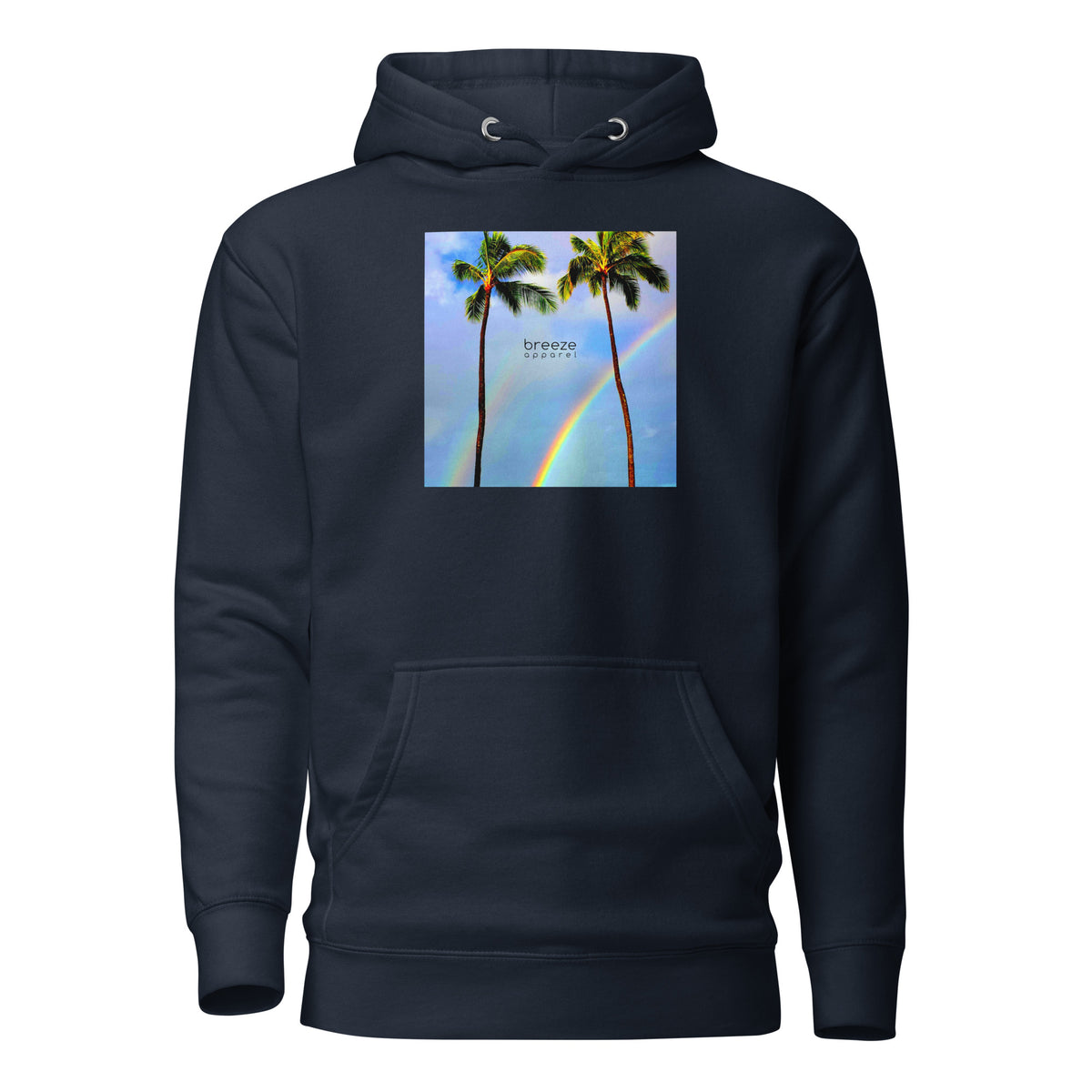 Navy hoodie with graphic of palm trees with rainbows in the background.