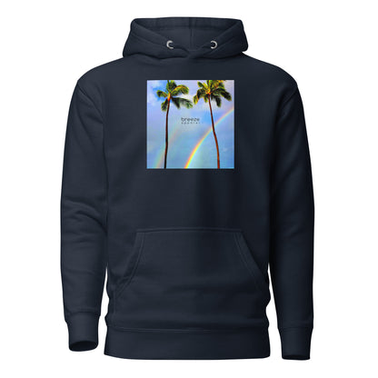Navy hoodie with graphic of palm trees with rainbows in the background.