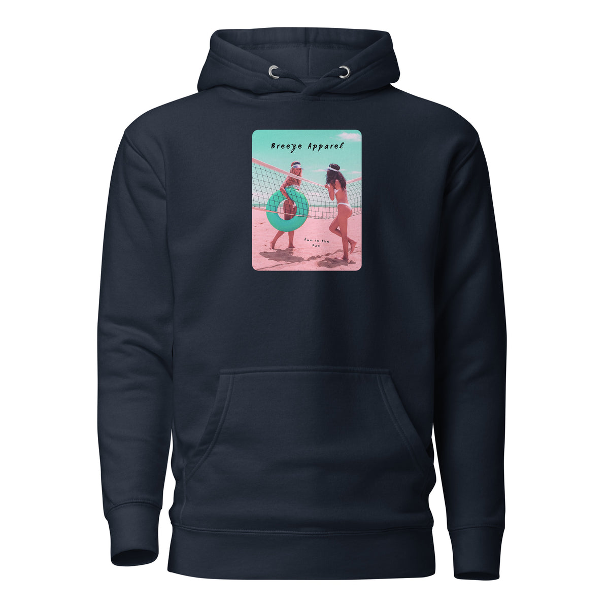 Navy hoodie with graphic of two women in bikinis on beach.