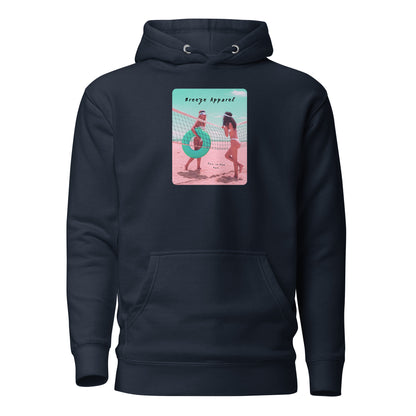 Navy hoodie with graphic of two women in bikinis on beach.