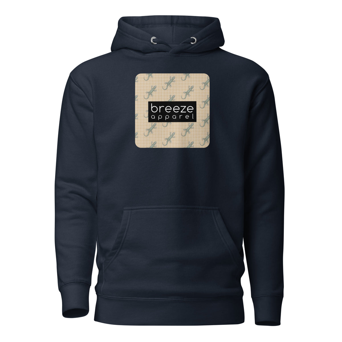 Navy hoodie with square over chest that contains pattern of green geckos set on beige background, overlaid with black, rectangular logo with white lettering.