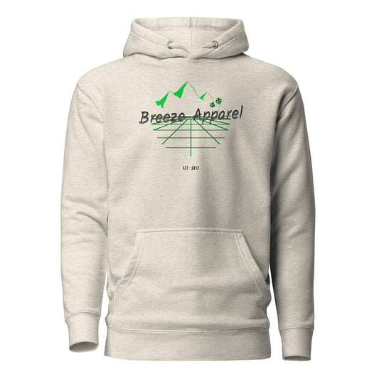 Gray hoodie with graphic consisting of mountains, palm trees, and black lettering.