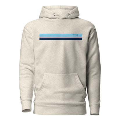 Gray hoodie with light-blue, red, white, and navy stripe across chest.