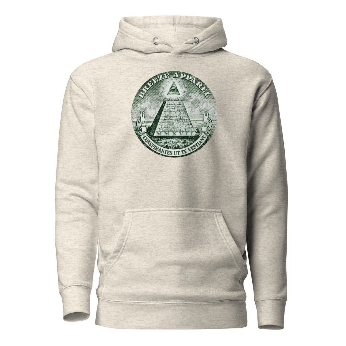 White hoodie with graphic resembling pyramid on US one-dollar bill.