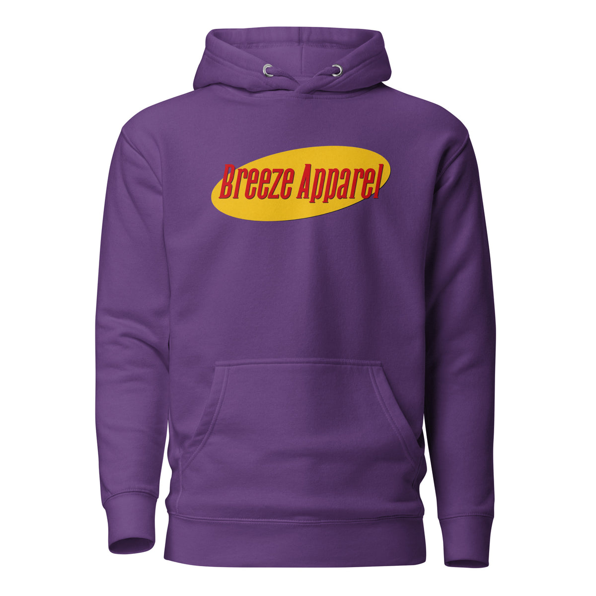 Purple hoodie with graphic of red lettering set over a yellow oval.