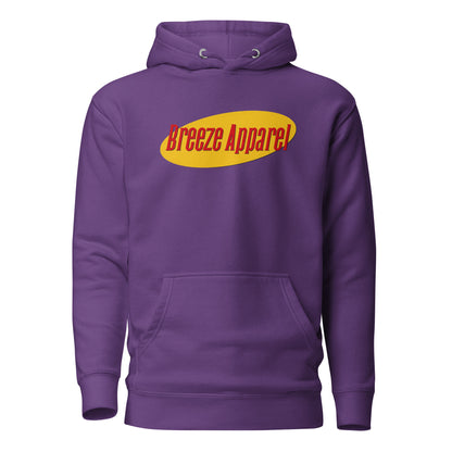 Purple hoodie with graphic of red lettering set over a yellow oval.