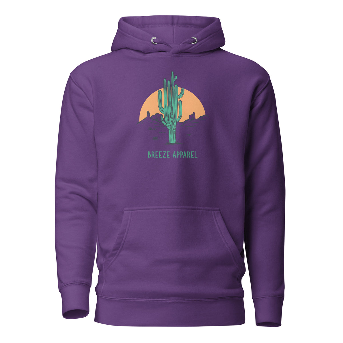 Purple hoodie with graphic of cactus and sunset.