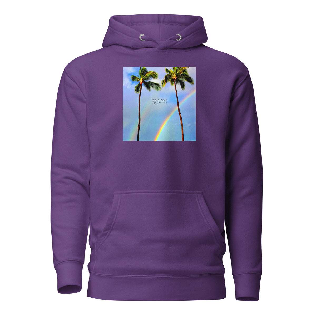 Purple hoodie with graphic of palm trees with rainbows in the background.