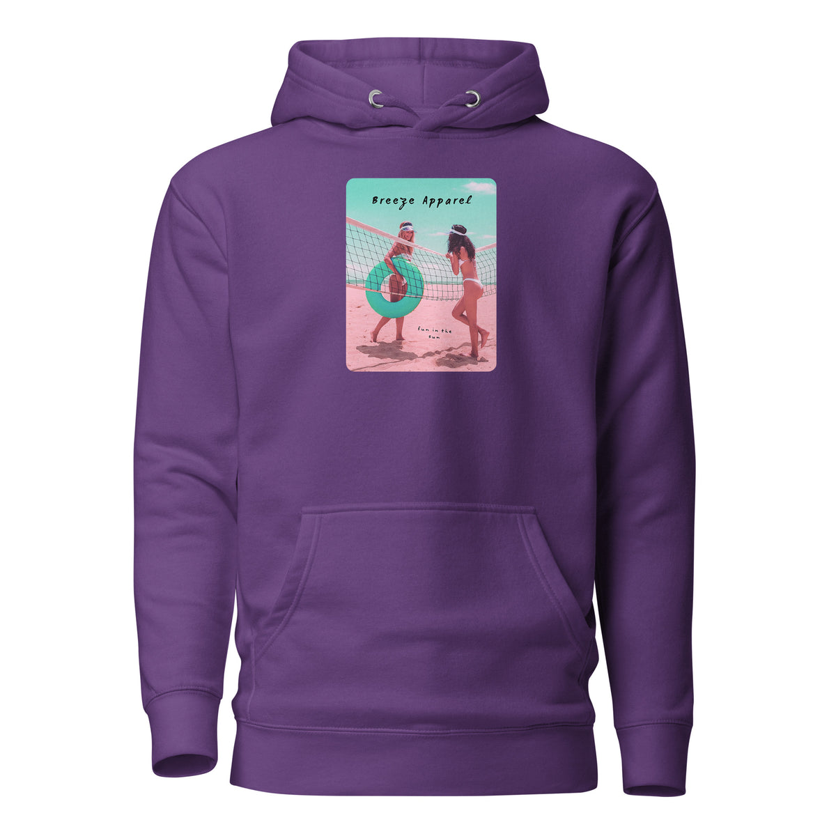 Purple hoodie with graphic of two women in bikinis on beach.