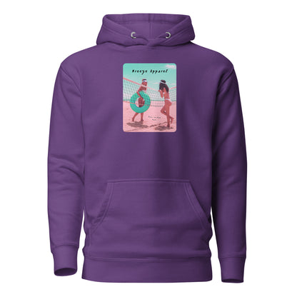 Purple hoodie with graphic of two women in bikinis on beach.