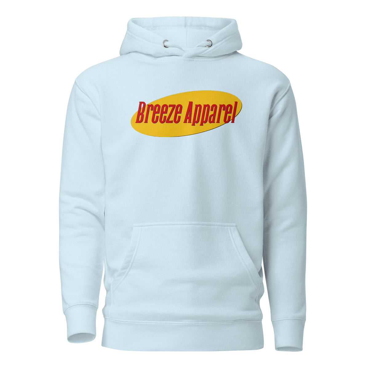Blue hoodie with graphic of red lettering set over a yellow oval.