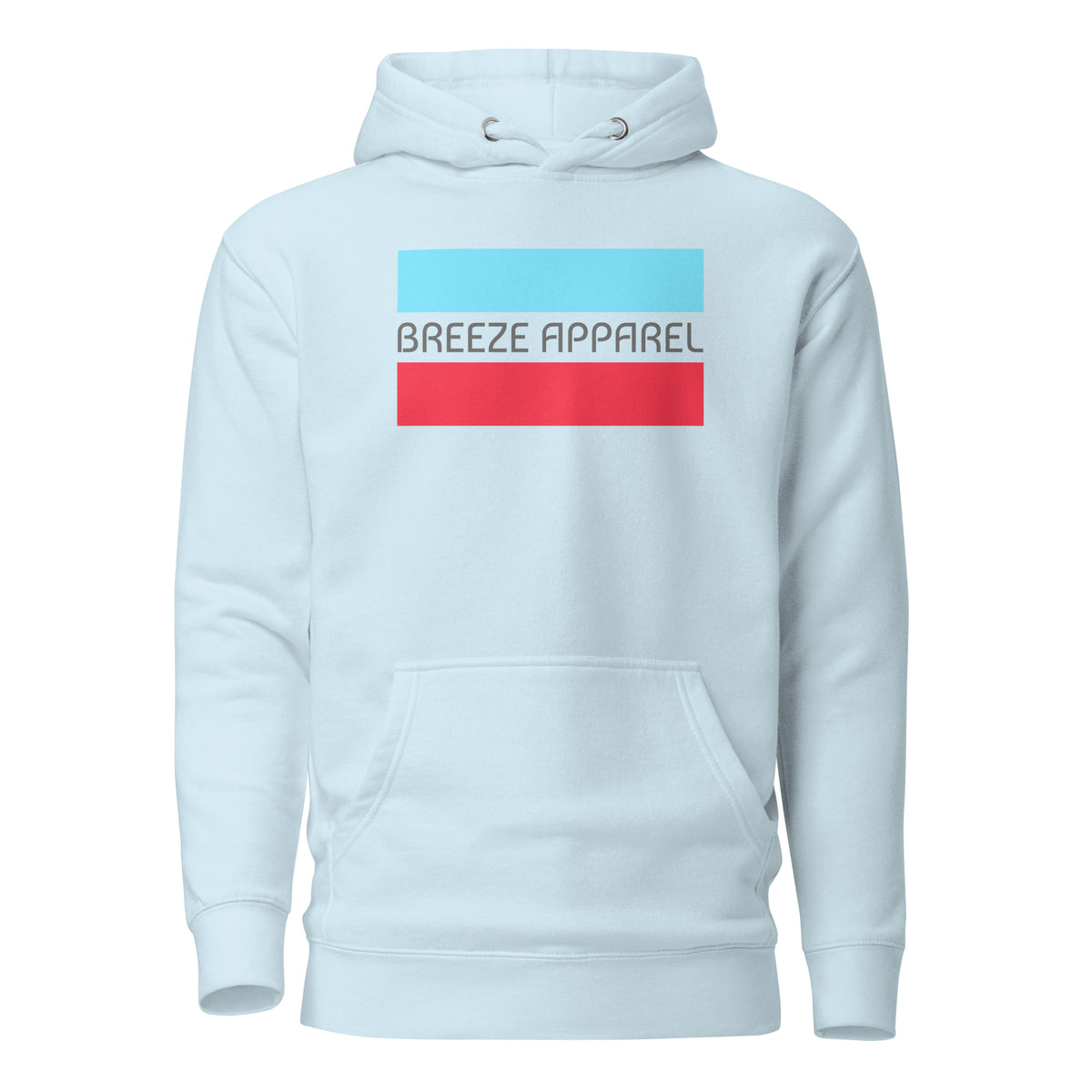 Light-blue hoodie with graphic of gray lettering between horizontal light-blue and red lines.
