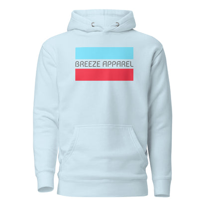 Light-blue hoodie with graphic of gray lettering between horizontal light-blue and red lines.