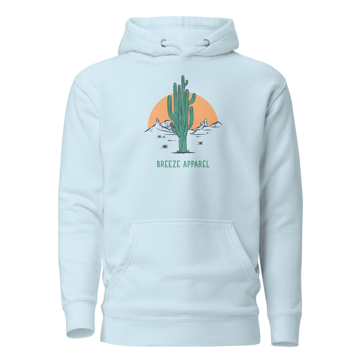 Light-blue hoodie with graphic of cactus and sunset.