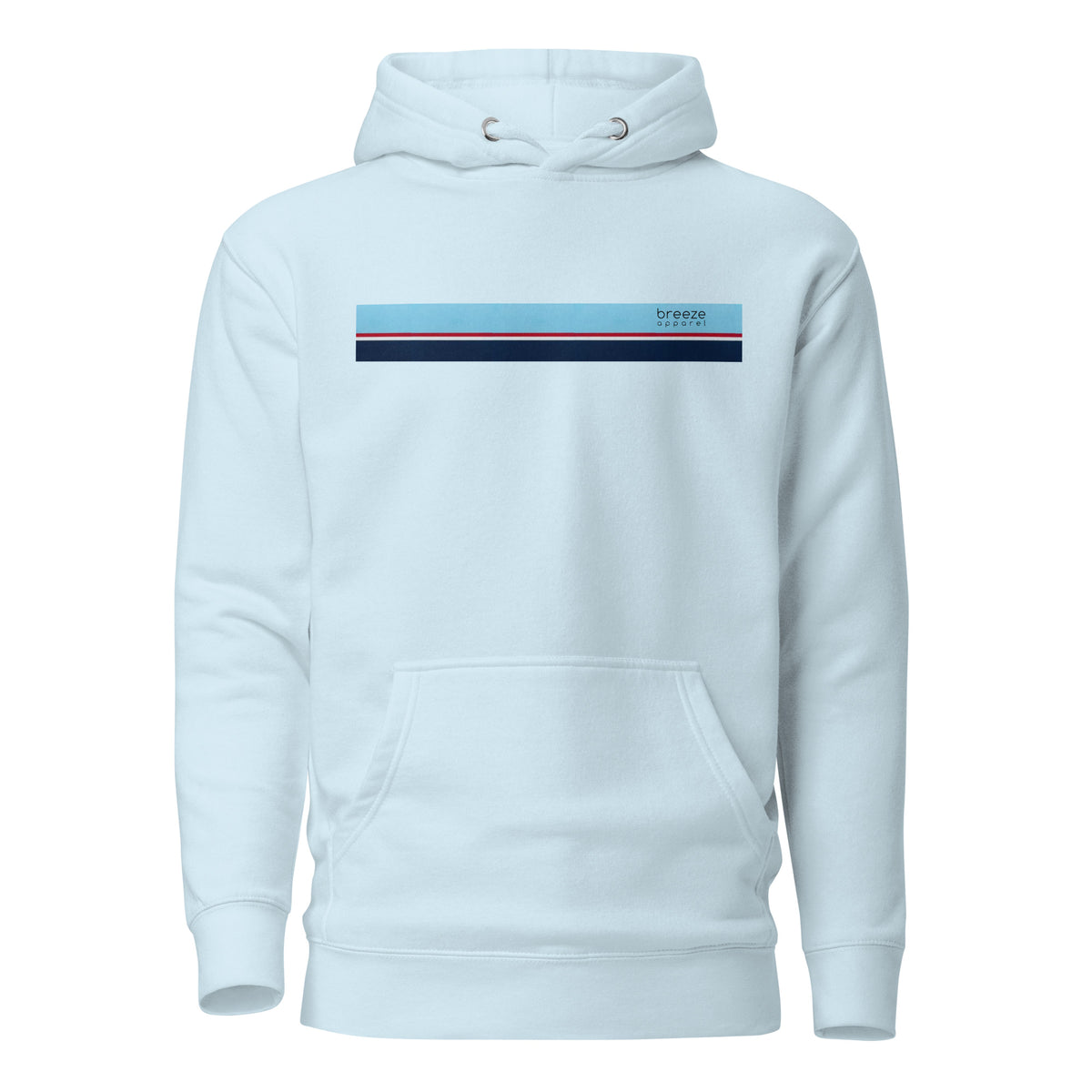 Light-blue hoodie with light-blue, red, white, and navy stripe across chest.