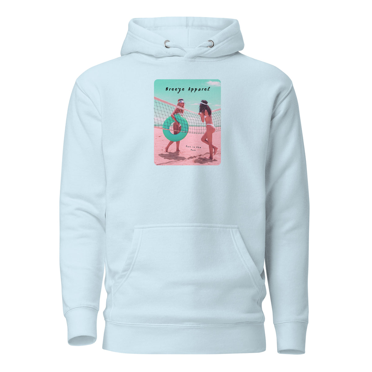 Light-blue hoodie with graphic of two women in bikinis on beach.