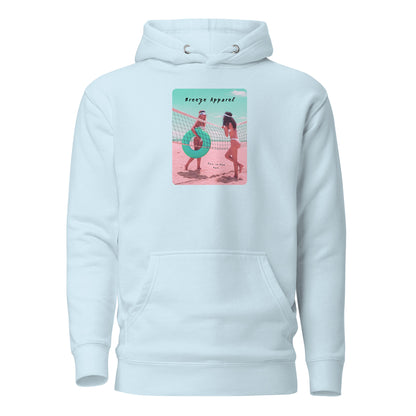 Light-blue hoodie with graphic of two women in bikinis on beach.