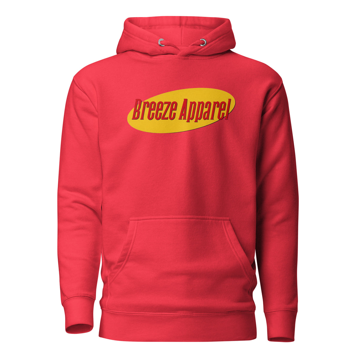 Red hoodie with graphic of red lettering set over a yellow oval.