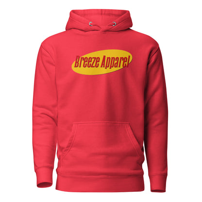 Red hoodie with graphic of red lettering set over a yellow oval.