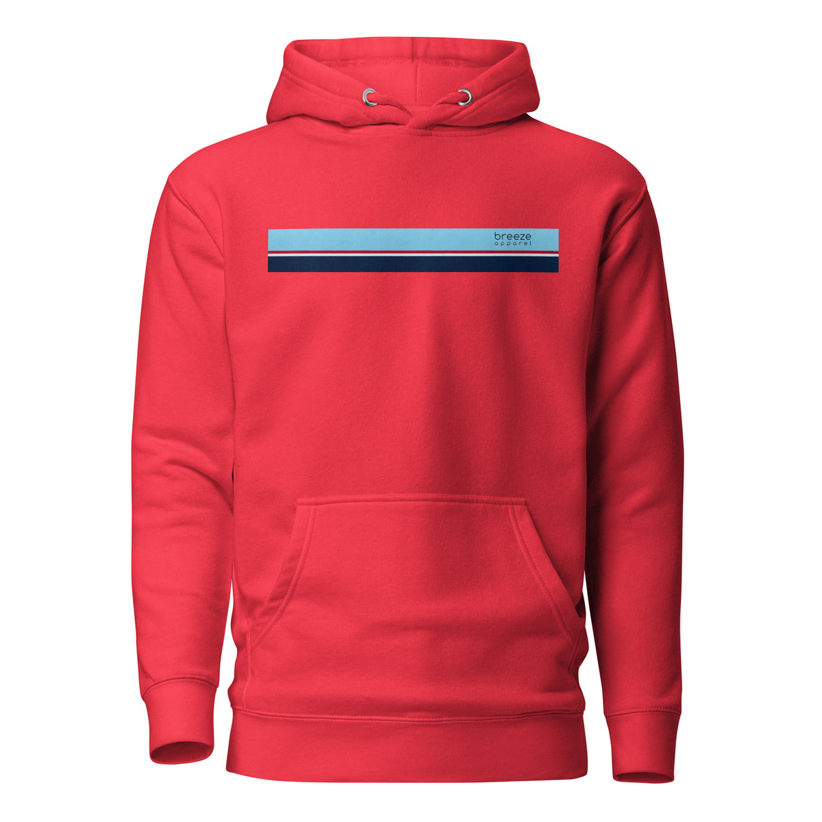 Red hoodie with light-blue, red, white, and navy stripe across chest.