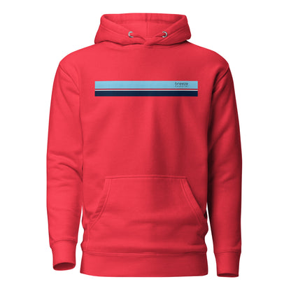 Red hoodie with light-blue, red, white, and navy stripe across chest.
