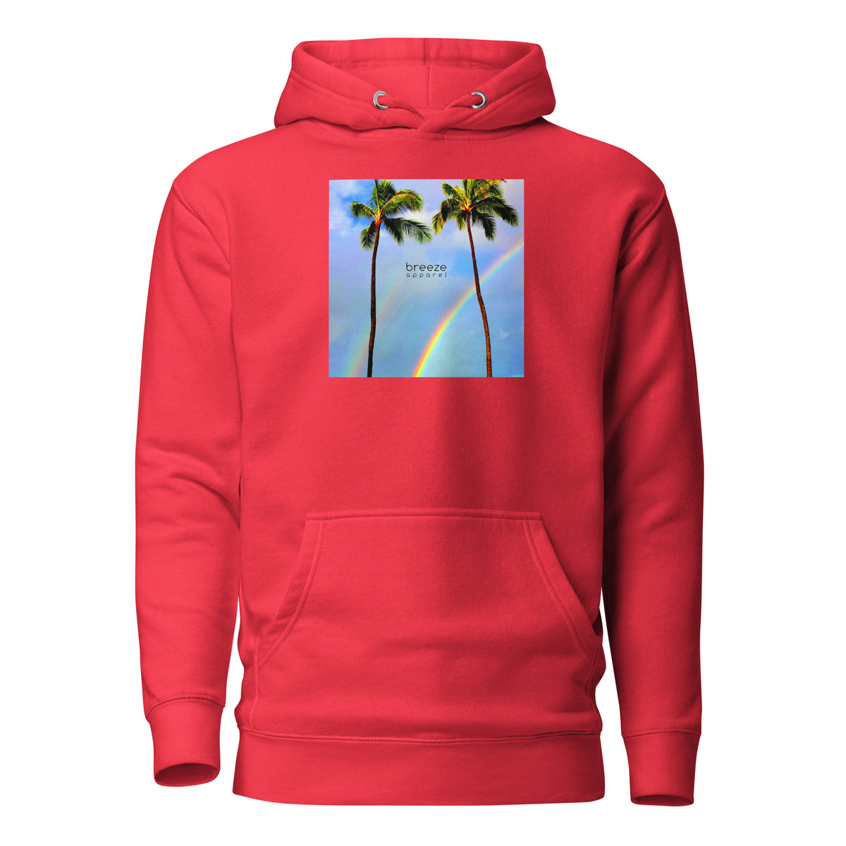 Red hoodie with graphic of palm trees with rainbows in the background.