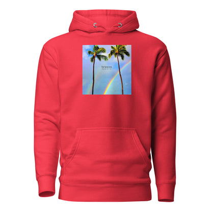 Red hoodie with graphic of palm trees with rainbows in the background.