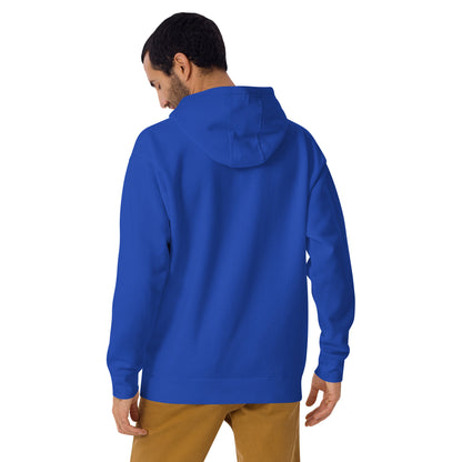 Rear view of man wearing blue hoodie.