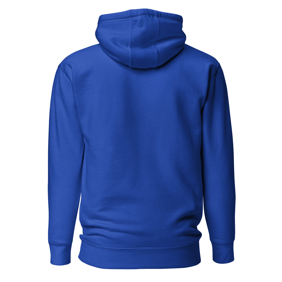 Plain back of blue hoodie.