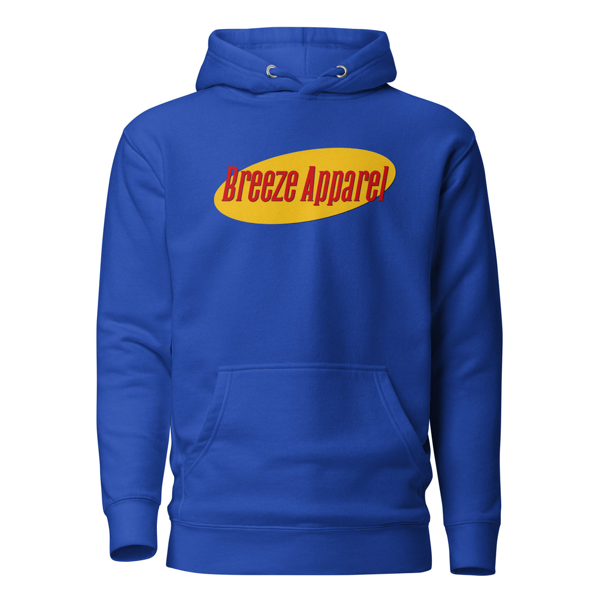 Blue hoodie with graphic of red lettering set over a yellow oval.