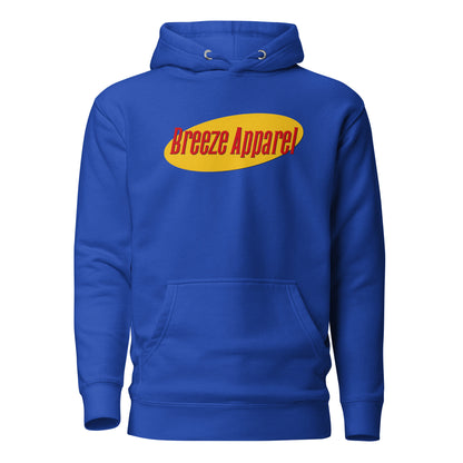 Blue hoodie with graphic of red lettering set over a yellow oval.