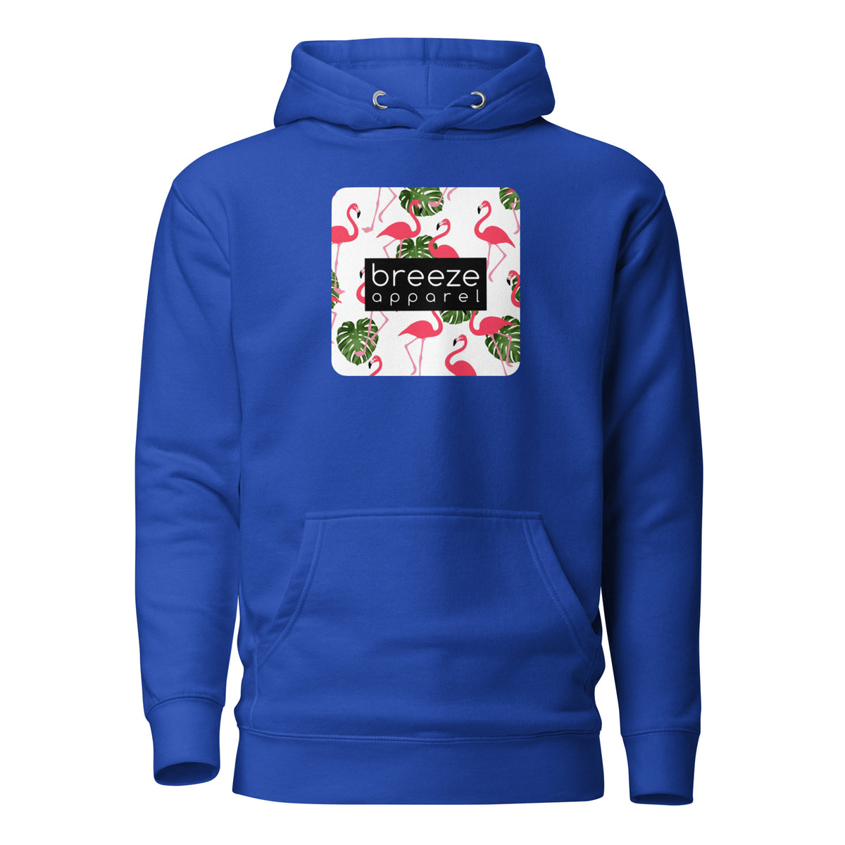 Blue hoodie with graphic of flamingos and green palm leaves set on a white background and overlaid with a black, rectangular logo.
