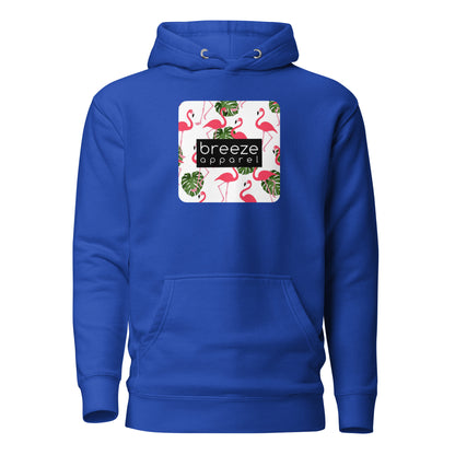 Blue hoodie with graphic of flamingos and green palm leaves set on a white background and overlaid with a black, rectangular logo.