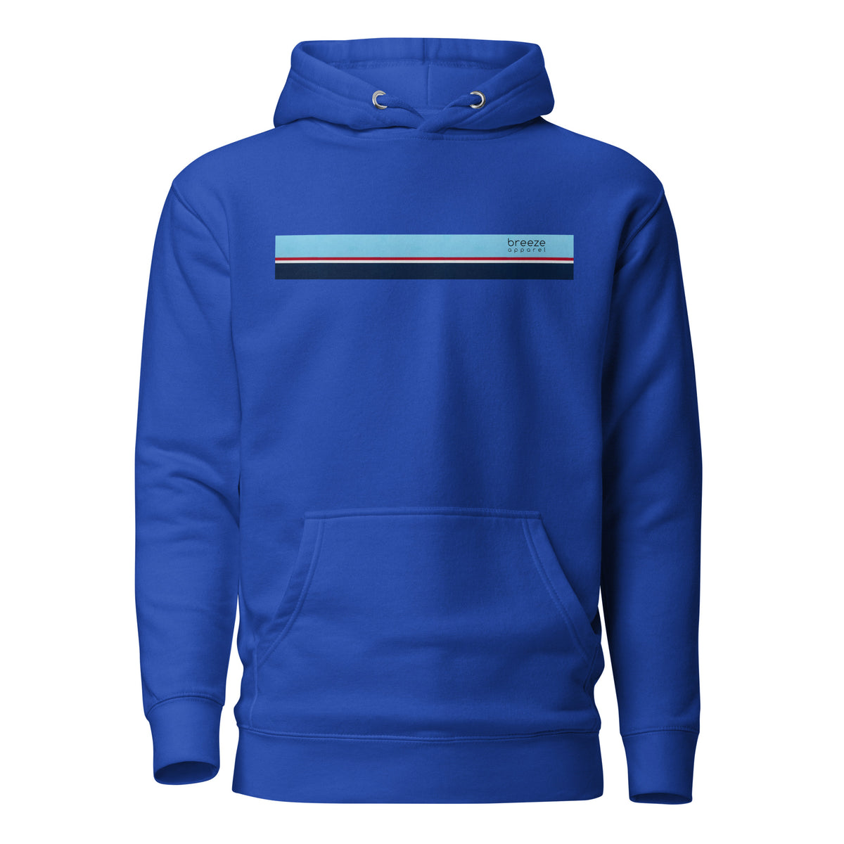 Blue hoodie with light-blue, red, white, and navy stripe across chest.