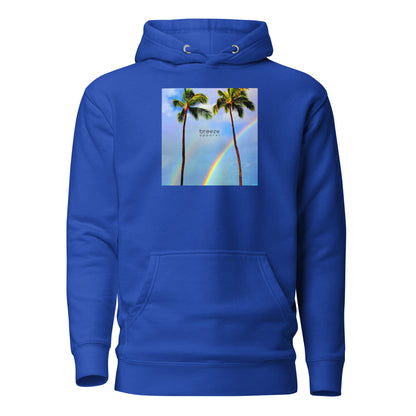 Blue hoodie with graphic of palm trees with rainbows in the background.