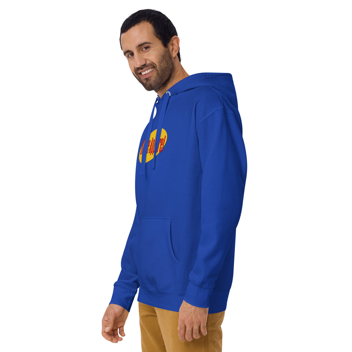 Man wearing blue hoodie with graphic of red lettering set over a yellow oval.
