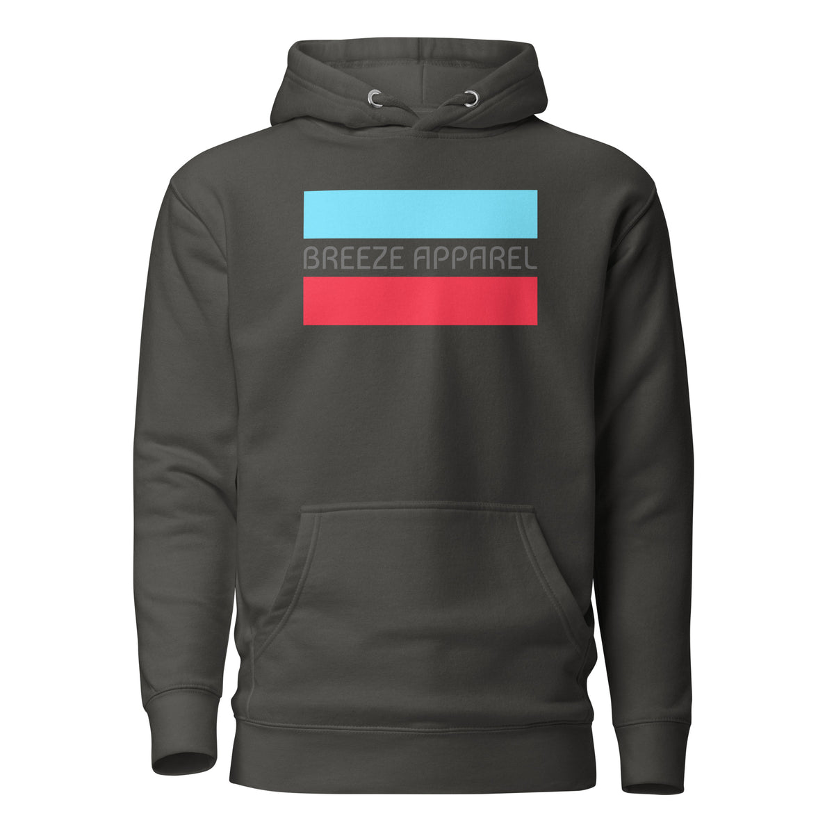 Gray hoodie with graphic of gray lettering between horizontal light-blue and red lines.