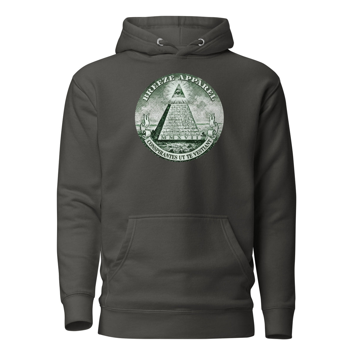 Gray hoodie with graphic resembling pyramid on US one-dollar bill.
