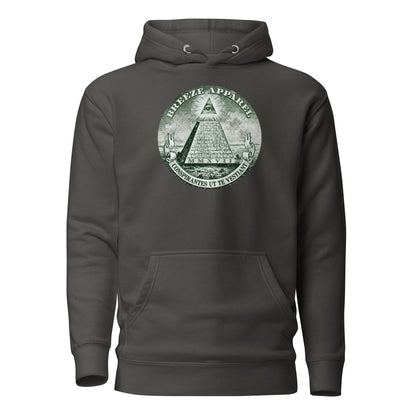 Gray hoodie with graphic resembling pyramid on US one-dollar bill.