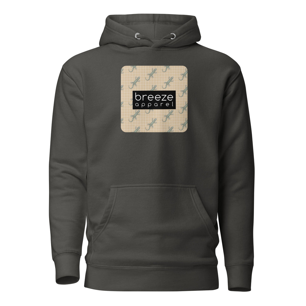 Gray hoodie with square over chest that contains pattern of green geckos set on beige background, overlaid with black, rectangular logo with white lettering.