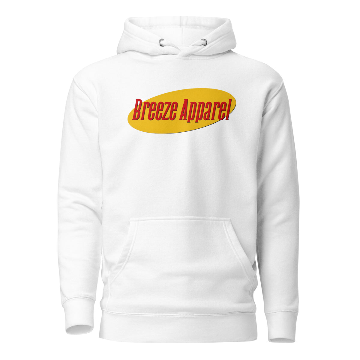 White hoodie with graphic of red lettering set over a yellow oval.