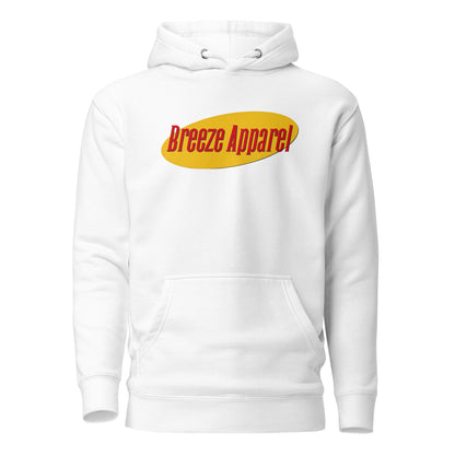 White hoodie with graphic of red lettering set over a yellow oval.