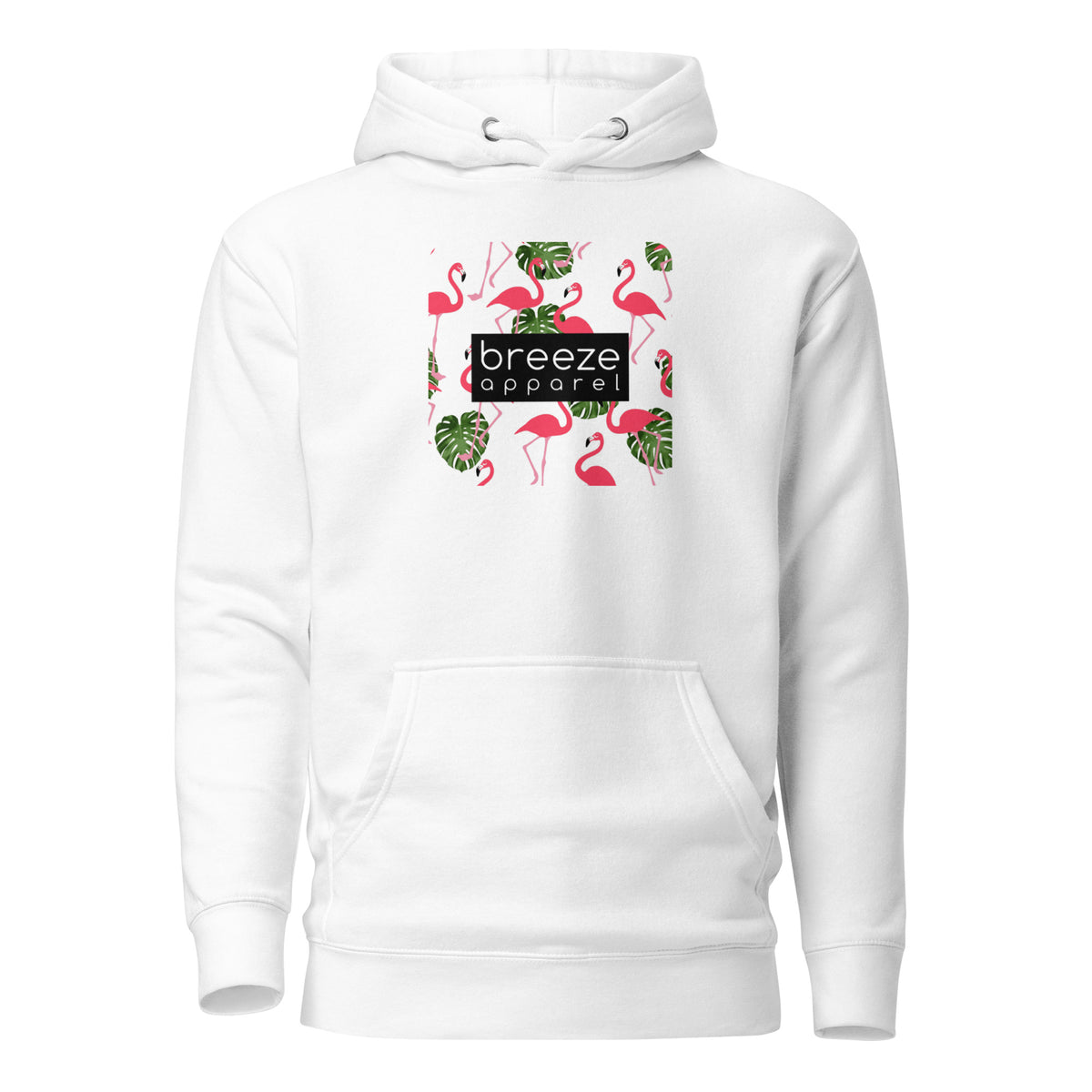 White hoodie with graphic of flamingos and green palm leaves set on a white background and overlaid with a black, rectangular logo.