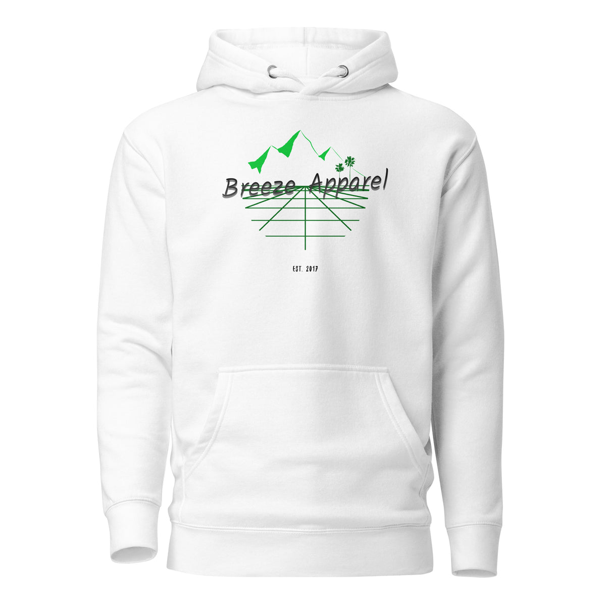 White hoodie with graphic consisting of mountains, palm trees, and black lettering.