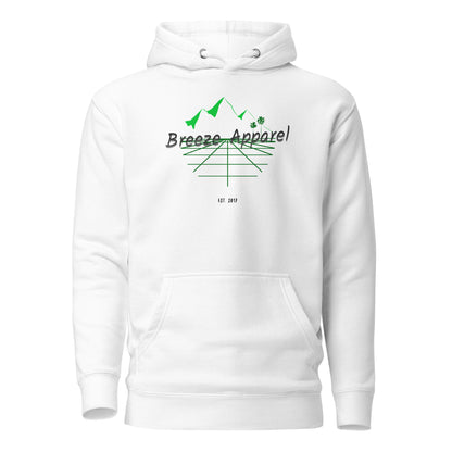 White hoodie with graphic consisting of mountains, palm trees, and black lettering.