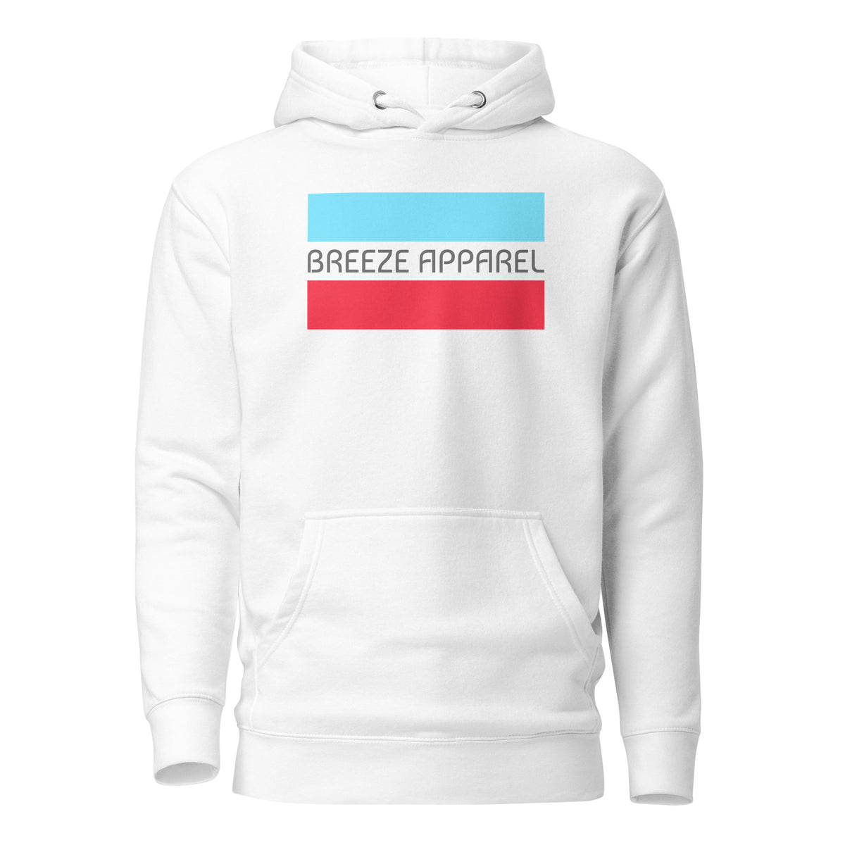 White hoodie with graphic of gray lettering between horizontal light-blue and red lines.