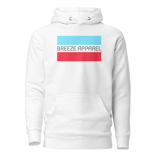 White hoodie with graphic of gray lettering between horizontal light-blue and red lines.