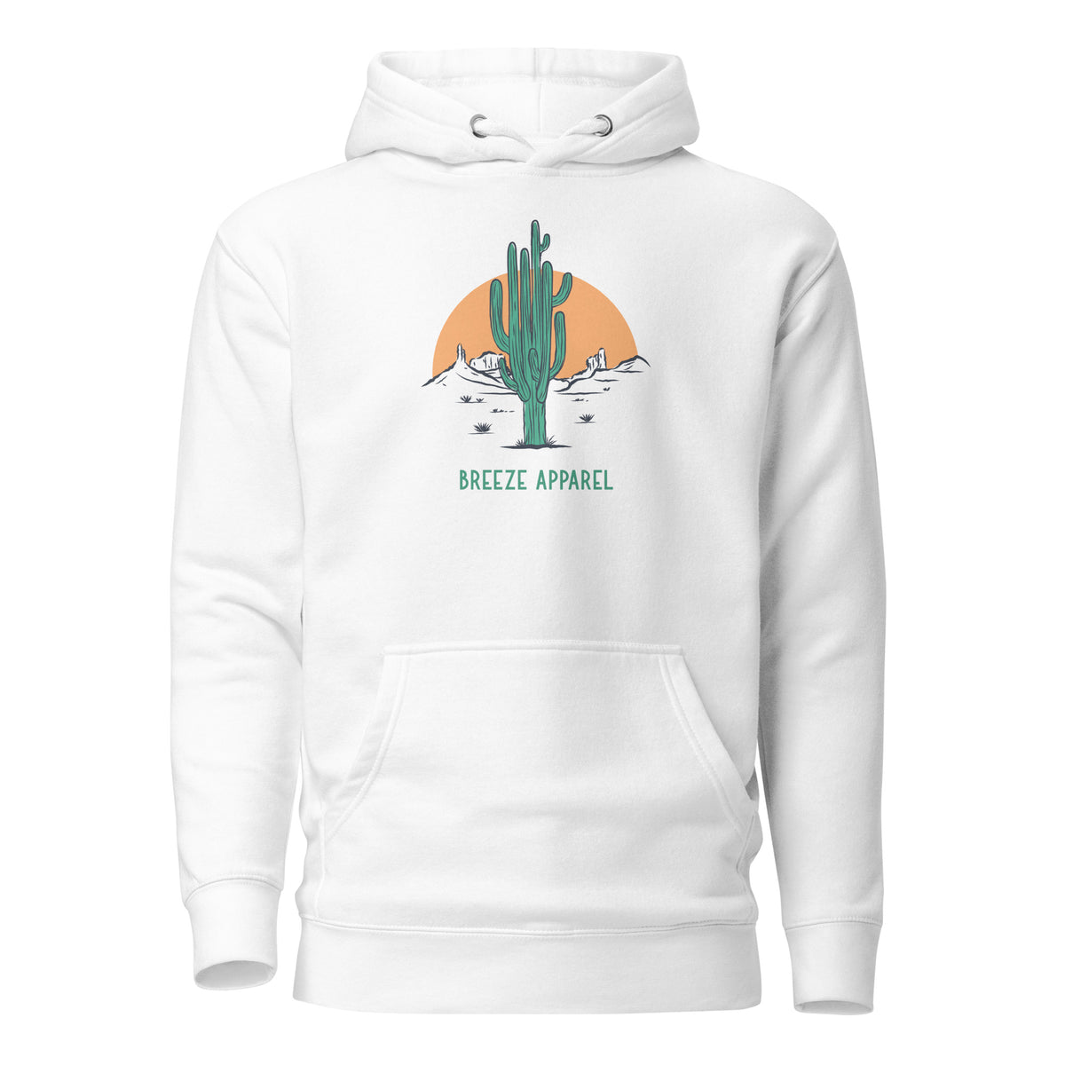 White hoodie with graphic of cactus and sunset.