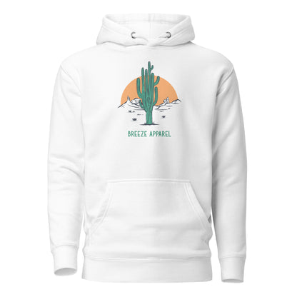 White hoodie with graphic of cactus and sunset.