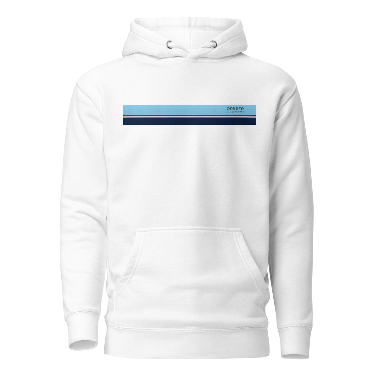 White hoodie with light-blue, red, white, and navy stripe across chest.
